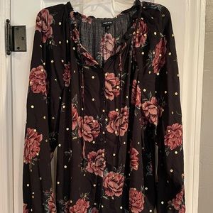 Torrid, Size 3X, Black with gold polka dots & floral print, 3/4 sleeve top